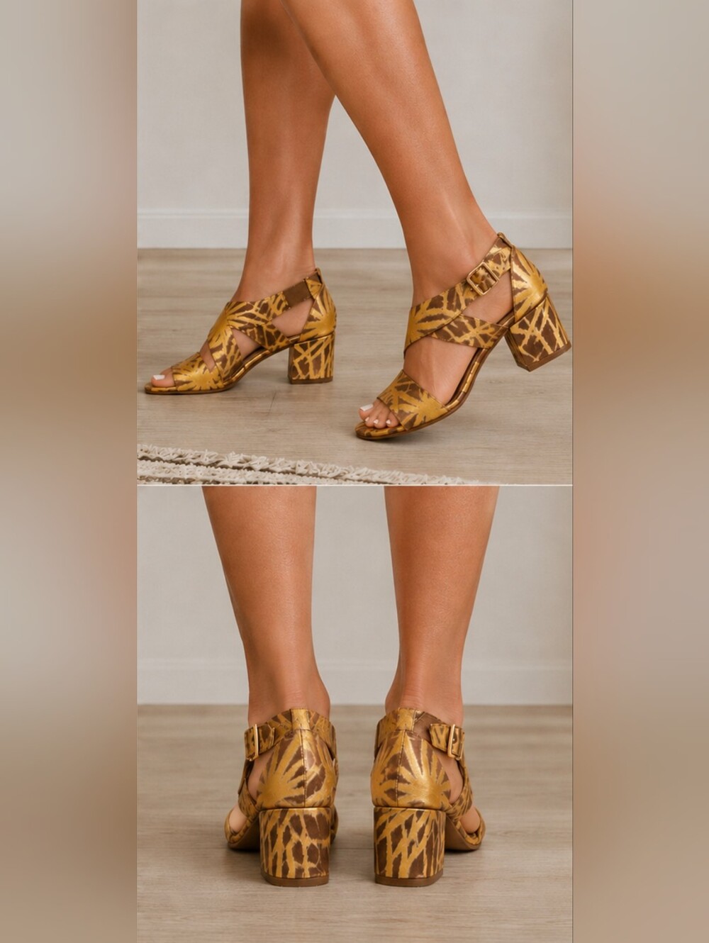 AGL Attilio Giusti Leombruni Gold Palm Leaf Block Heels Size 38 Made In Italy